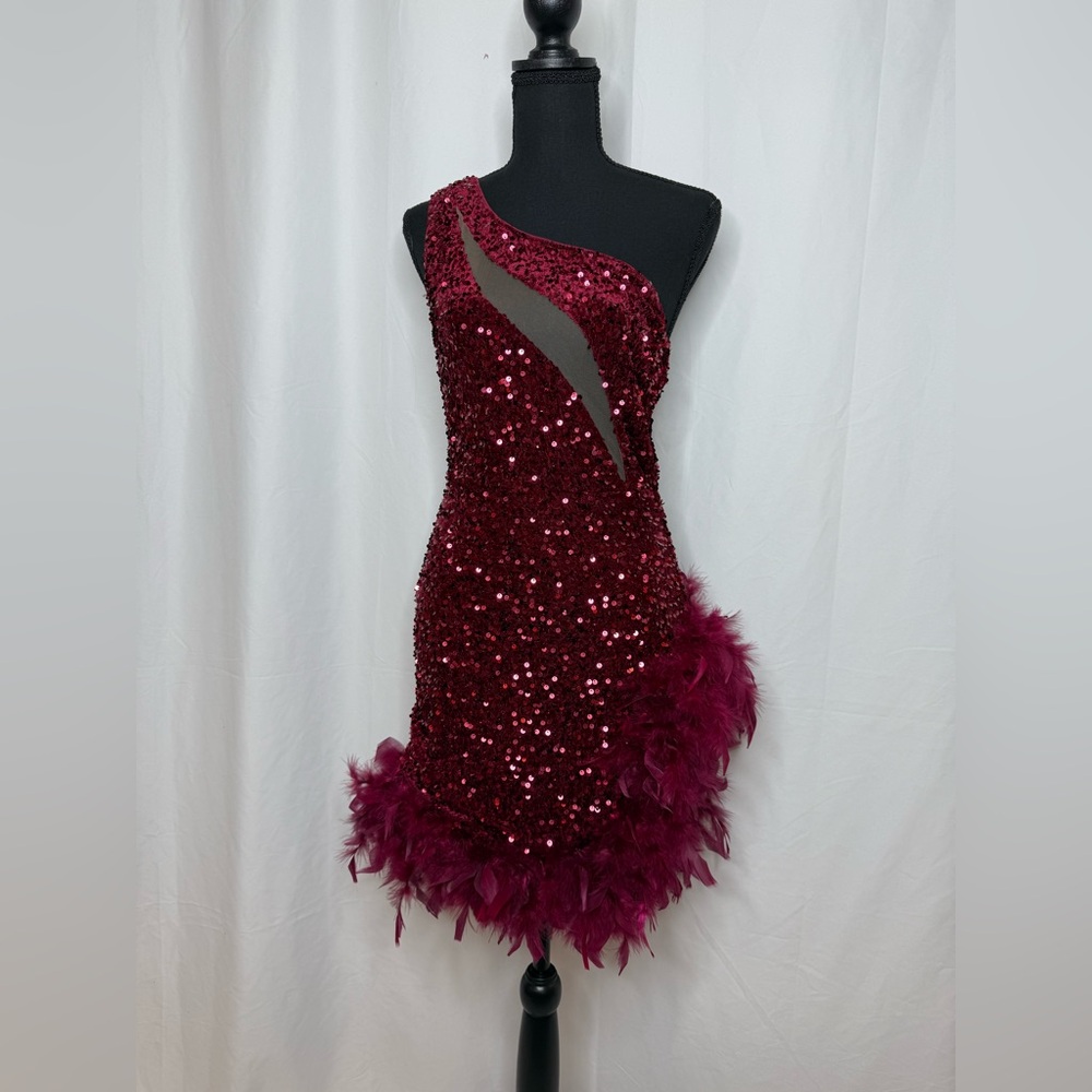 NWT Burgundy Velvet Sequin One-Shoulder Dress with Feather Trim